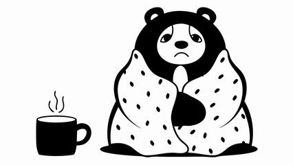Illustration of a sad panda wrapped in a blanket sitting next to a steaming cup of coffee or tea
