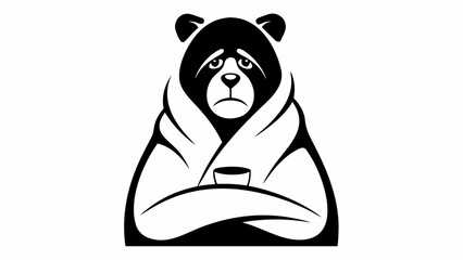Illustration of a sad bear wrapped in a blanket holding a cup in black and white design style