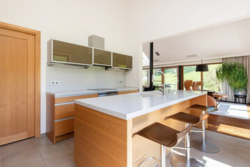 Modern luxury kitchen interior in minimal scandinavian style, 3d render
