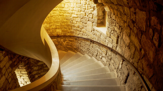 Ancient stone staircase with warm interior lighting and curved wall - Powered by Adobe