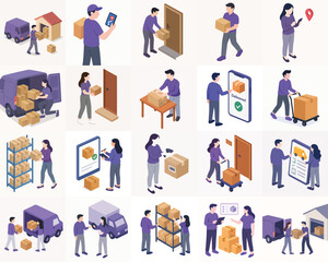 Isometric Detailed Delivery Courier Service with Parcel and Transportation Illustration