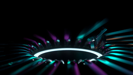 A vibrant, futuristic tunnel of neon light and geometric patterns creates an abstract portal to another dimension