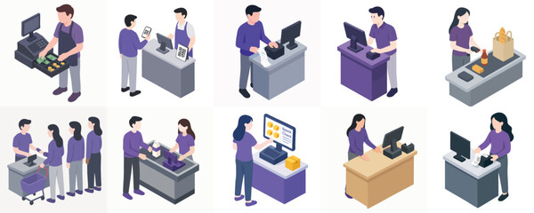 Isometric Style Diverse Customer Service Point Of Sale Illustration Set