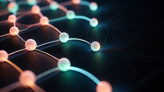 A glowing network of interconnected nodes represents data flow and communication in a modern technological system