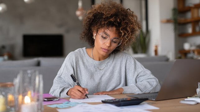 Professional Black woman reconciling invoices, writing audit observations, and updating budgeting spreadsheets on laptop, ensuring precise bookkeeping for smooth tax return processing