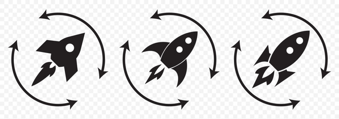 Startup icon line art, vector set. Rocket icon. Rocket launched icon vector. Set of rocket vector icons. Launch spaceship or spacecraft. Rocket fast flying for space. New business start up. EPS 10.