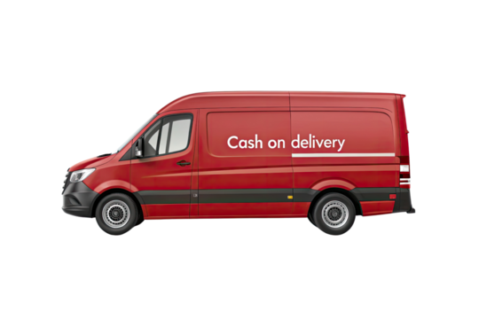 Red delivery van with cash on delivery text isolated on transparent background