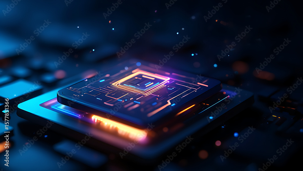 Poster a closeup of a cpu chip with glowing circuits, symbolizing advanced computer technology and artifici