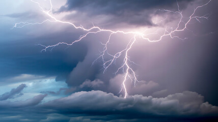 Dramatic lightning bolt illuminates stormy sky with dark clouds