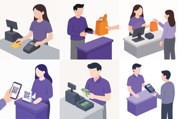 Isometric Detailed People Making Payment at Cash Register, Shop Counter Illustration Set