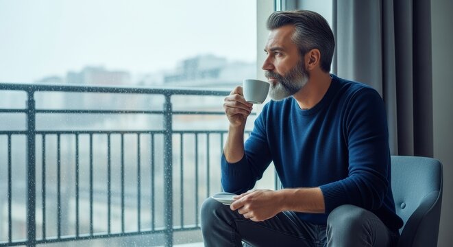 A man with gray hair and beard sits by a window, sipping coffee and gazing outside on a rainy day.