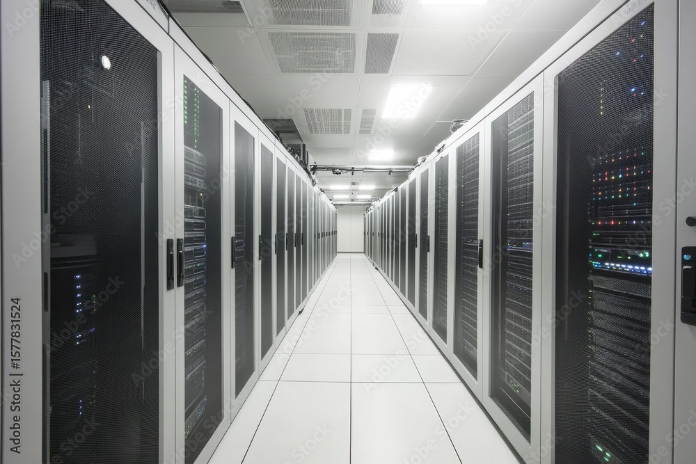 Poster financial data processing taking place in a modern server room with rows of organized systems, finan
