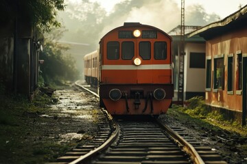 Obraz premium Train travels along railway track amidst morning light and lush greenery, Train running on track on a railway or railroad