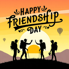 Happy Friendship Day Illustration with Silhouetted Hikers at Sunset and Decorative Text in Warm Tone