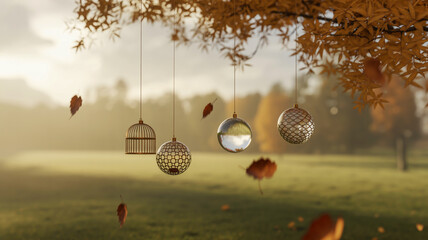 Fototapeta premium Autumn ornaments and falling leaves suspended in a misty morning landscape
