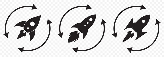 Set of 3 Rocket vector icon, Startup symbol, filled flat sign, solid pictogram isolated on a transparent background. EPS 10.