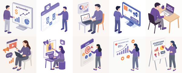 Isometric Style Digital Marketing Strategy and Business Analysis Illustration Set