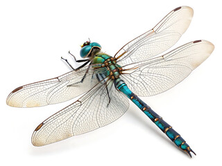 Close up of a dragonfly with transparent wings and a blue and green body on a white background