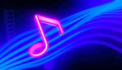A vibrant pink neon music note glows brightly against a backdrop of blue neon waves.