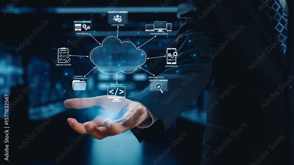 Poster cloud computing, cloud strategy, and cloud technology transforming digital infrastructure with scala
