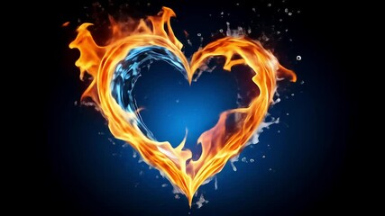 A fiery heart composed of flames and water on a dark blue backdrop