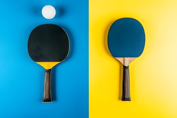 Ping Pong Paddles and Ball on Blue and Yellow Background