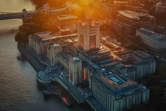 Sunset view over SIS Building in London, showcasing the river and city landscape, Aerial sunset view SIS MI6 Building London England