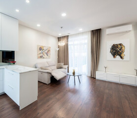 Modern luxury apartment interior in minimal scandinavian style, 3d rendering