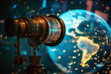 Scope scanning the globe with digital connections visible at night, scope scanning over globe with connections