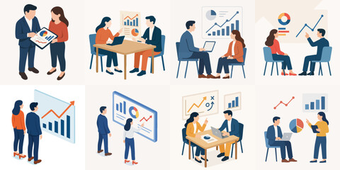 Modern Flat Isometric People Meeting and Discussing Financial Chart Illustration