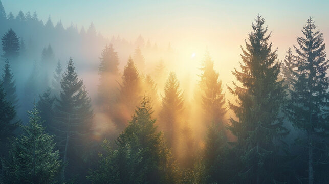 Misty forest sunrise landscape pine trees view