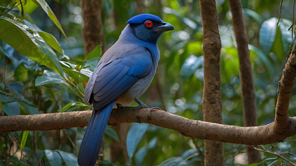 Naklejka premium A Blue Coua rests quietly on a thick branch high in the Madagascan rainforest canopy