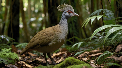 A solitary Elegant Crested Tinamou moves quietly through the dense understory of the Amazon rainforest