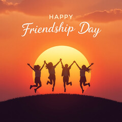 Happy Friendship Day Silhouette Friends Jumping Against Sunset Sky with Festive Typography
