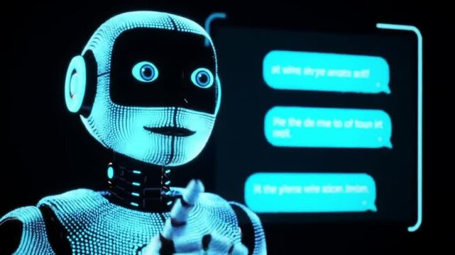 Futuristic robot interacting with a digital chat interface displaying conversation bubbles