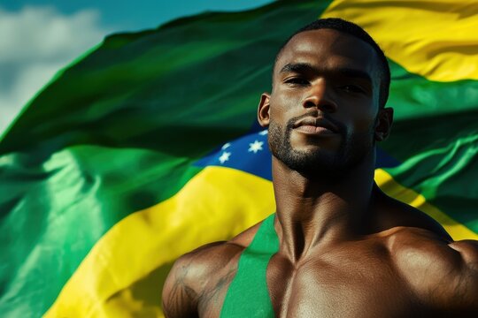 Brazilian athlete proudly displays national flag against a vibrant backdrop, flag of brazil over african american male athlete - Powered by Adobe
