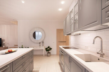 Modern luxury kitchen interior in minimal scandinavian style, 3d render