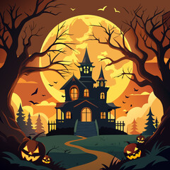 Spooky haunted house with jack o lanterns under a giant full moon