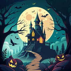 Spooky haunted mansion with glowing jack o lanterns under a large full moon