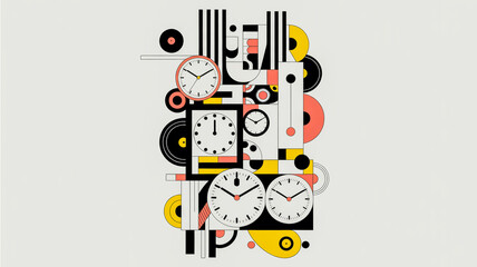 Abstract geometric composition featuring multiple clocks and circular elements