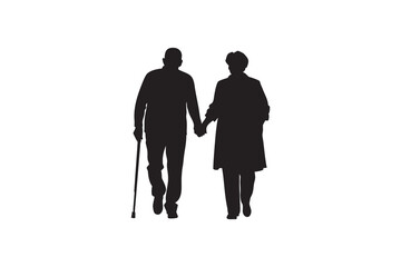 Silhouette of an elderly couple walking hand in hand the man using a cane for support symbolizing love companionship and the journey of aging
