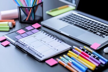 A modern desk setup with a planner, gel pens, sticky tabs, and an open laptop in the corner, symbolizing a perfect blend of technology and traditional stationery.