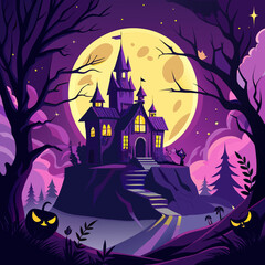 Spooky haunted castle on a hill under a large full moon at night