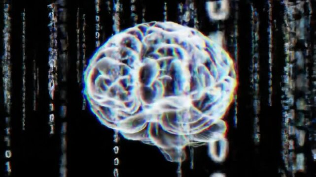Abstract digital brain with binary code flowing in the background