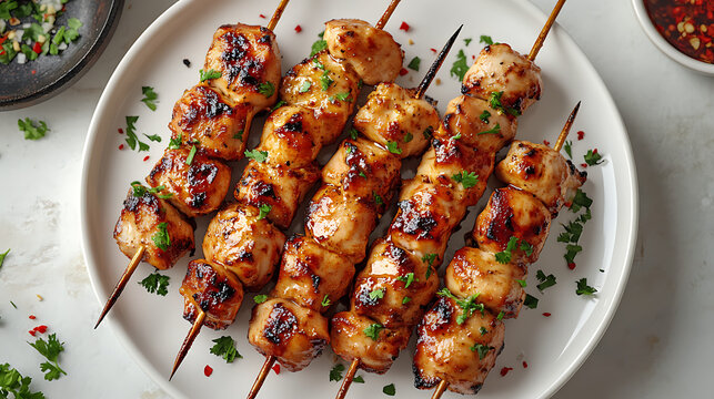 Grilled chicken skewers garnished with herbs on a white plate, served with spices in background