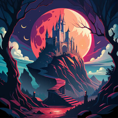 Mysterious castle perched on a cliff under a giant red moon