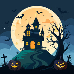 Spooky haunted house on a hill with a full moon and pumpkins for halloween