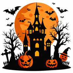 Spooky halloween scene with haunted castle jack o lanterns bats and full moon