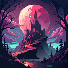 Mysterious gothic castle perched on a cliff under a large pink moon