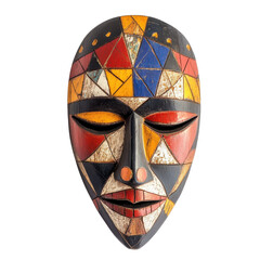 Colorful wooden African mask with geometric patterns, Colorful African mask made of wood, isolated on transparent background